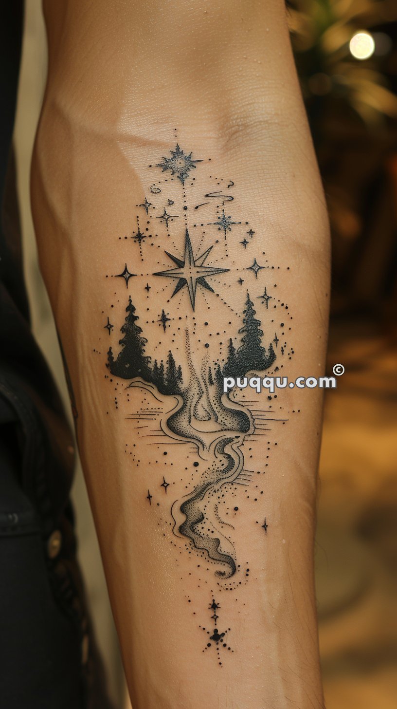 Tattoo of a surreal landscape featuring a winding river flowing between two pine trees, with stars and a large, intricate star above.