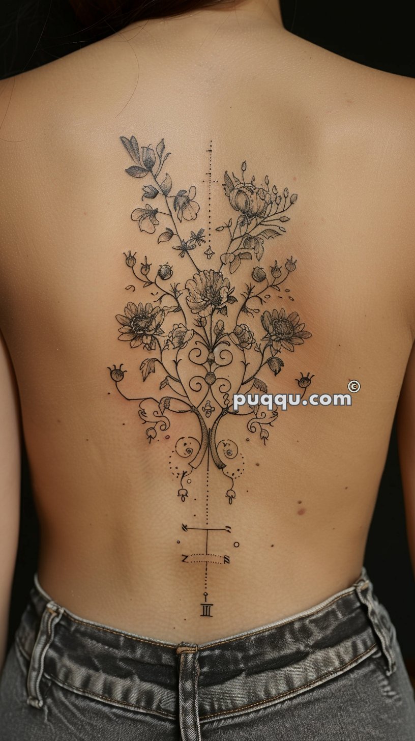 Intricate floral tattoo with geometric elements running down the center of a person's back.