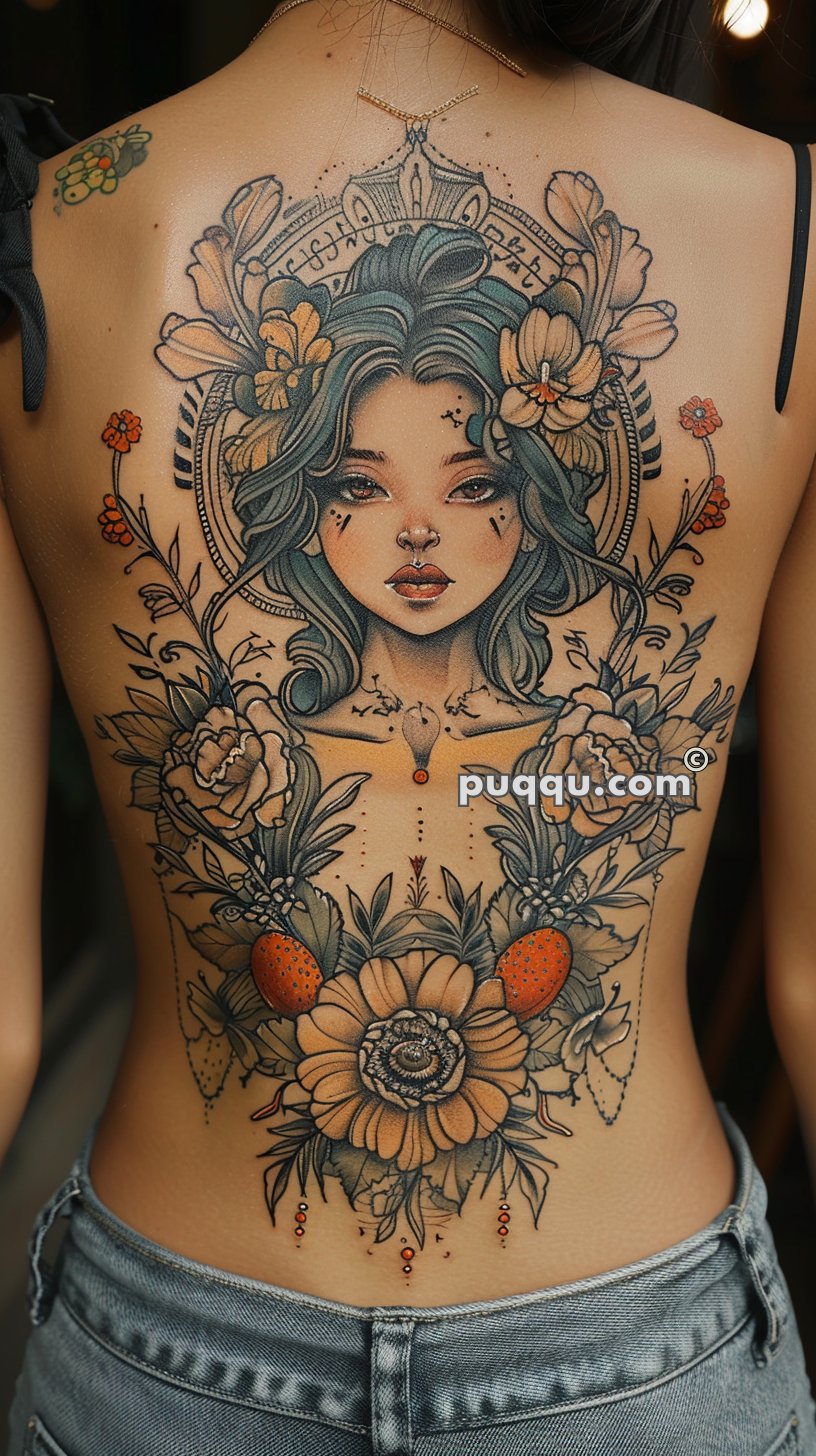 Intricate full-back tattoo featuring a detailed portrait of a woman with blue hair surrounded by flowers and ornamental designs.