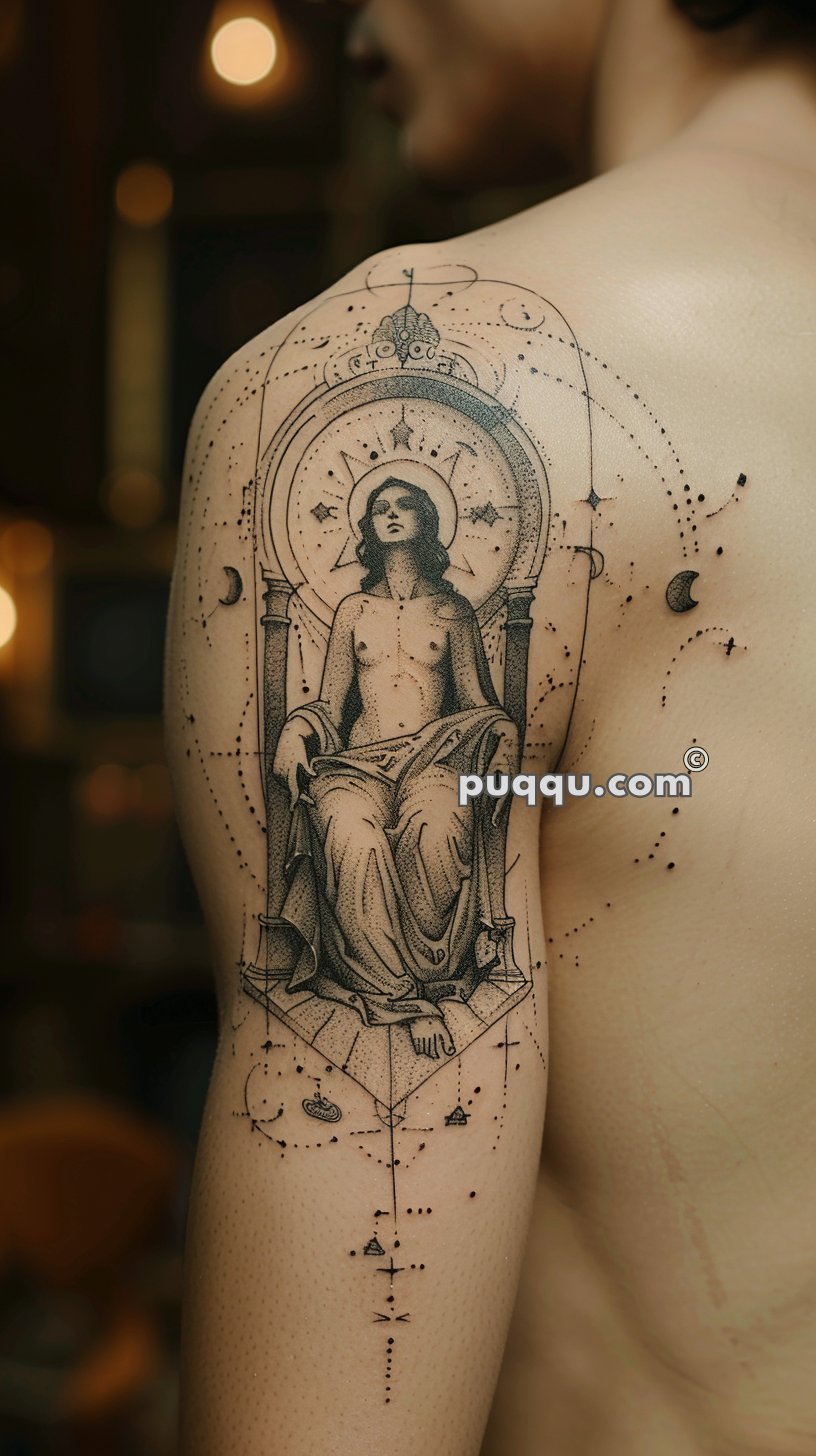 Detailed tattoo on an upper arm featuring a seated, haloed figure surrounded by geometric and celestial elements.