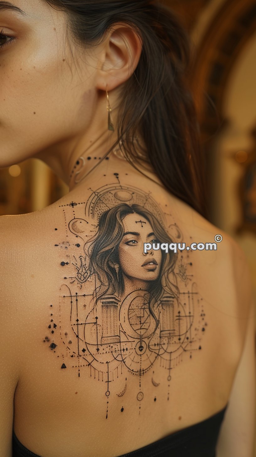 Woman with a large artistic tattoo of a woman's face and geometric designs on her upper back.