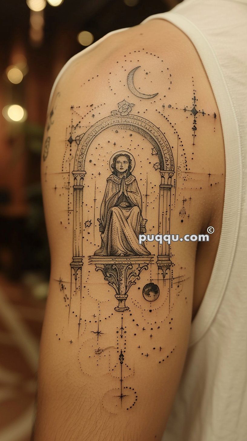 Tattoo of a religious figure sitting within an archway, surrounded by stars, constellations, and a crescent moon on an upper arm.