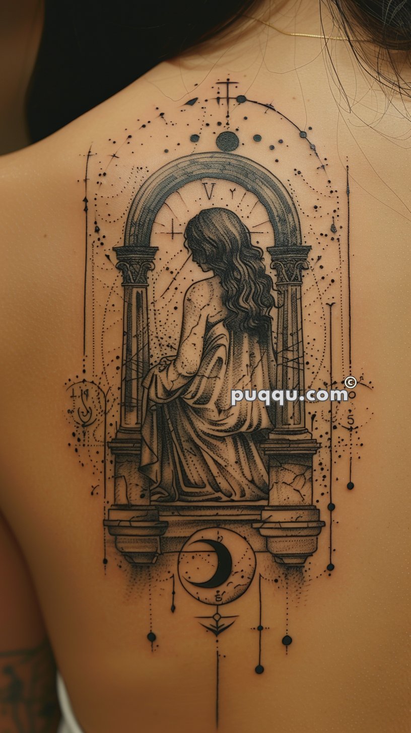 Tattoo on back featuring a woman sitting under an archway, surrounded by celestial symbols and a crescent moon.