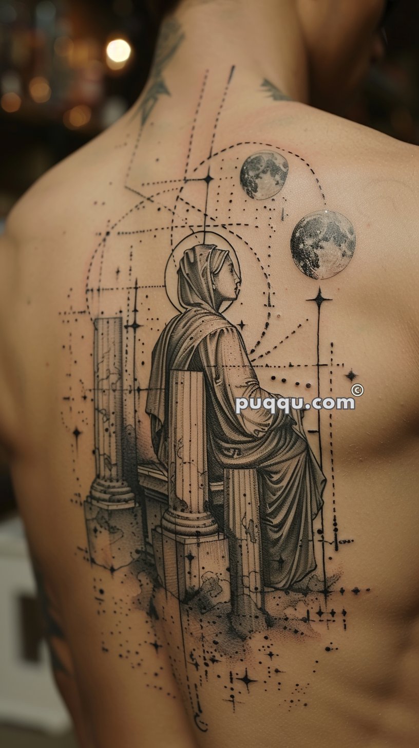 Detailed back tattoo of a hooded figure sitting among pillars with celestial elements and geometric patterns integrating moons and stars.