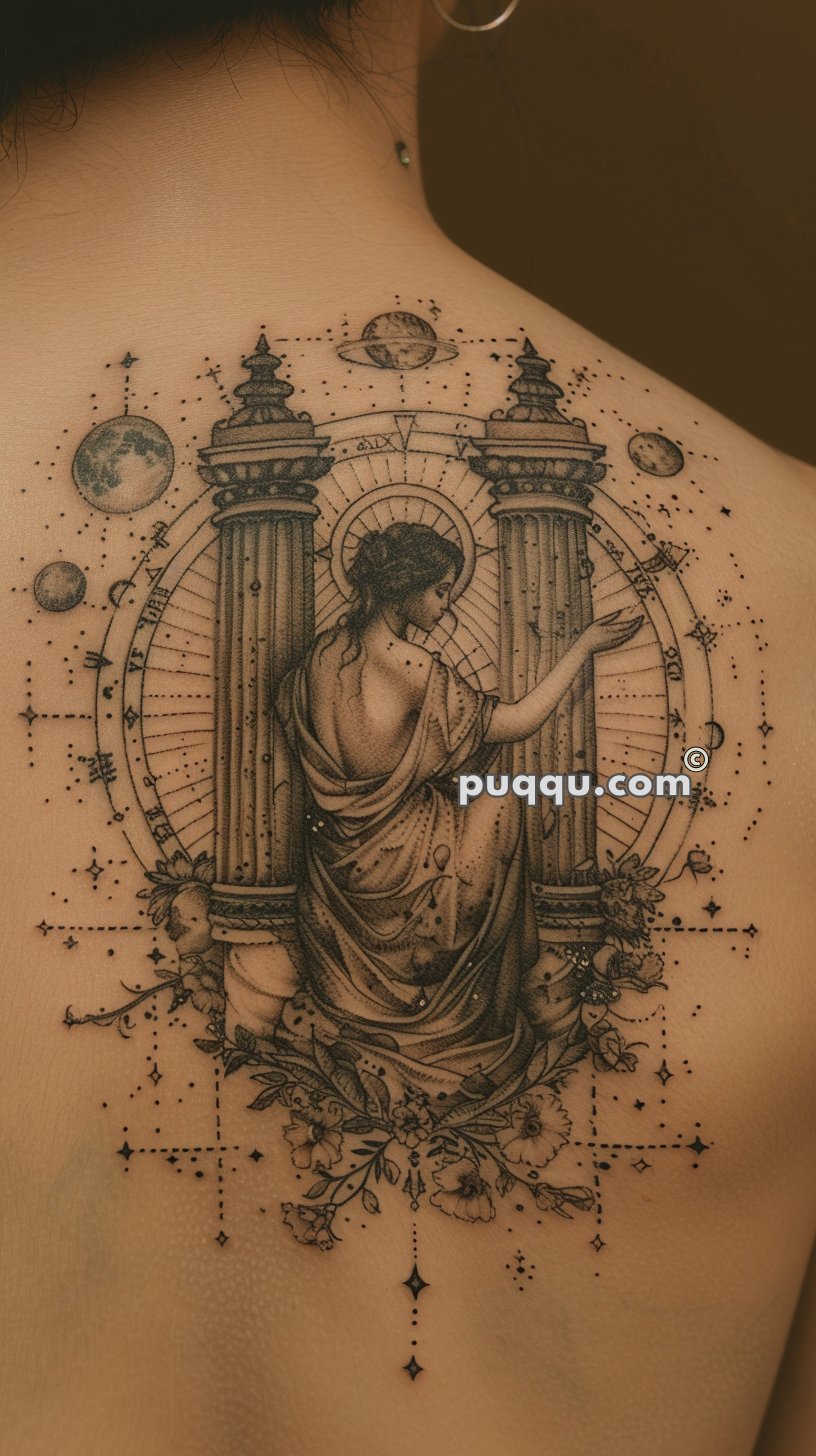 Tattoo of a woman in a draped gown sitting between two ornate columns, surrounded by celestial elements and flowers, on the upper back.