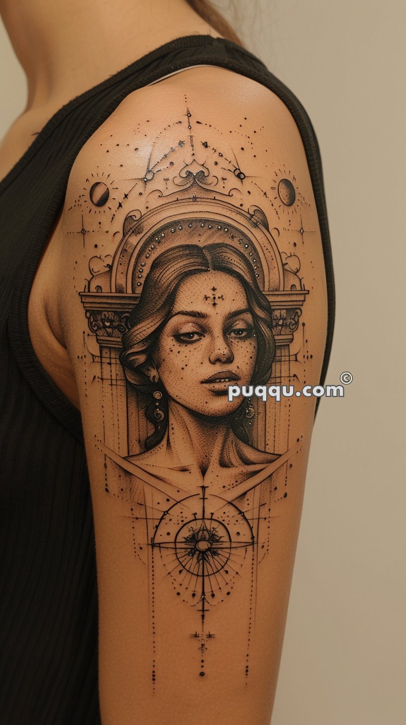 Black and grey tattoo on upper arm depicting a detailed, geometric portrait of a woman with celestial elements and intricate patterns surrounding her.