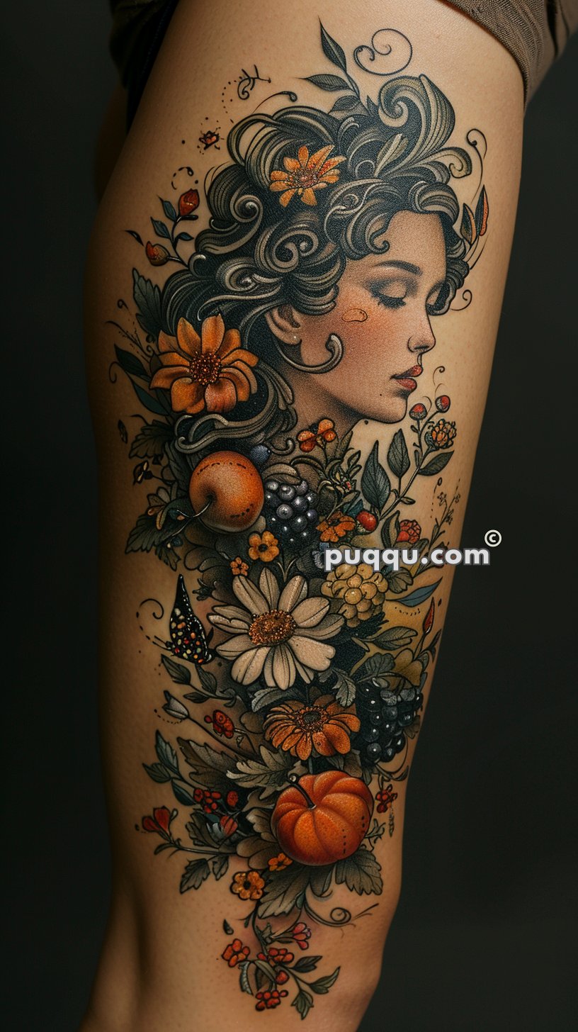 Tattoo of a woman's face with flowers, fruits, and leaves intricately woven into her hair, creating a colorful and detailed design.