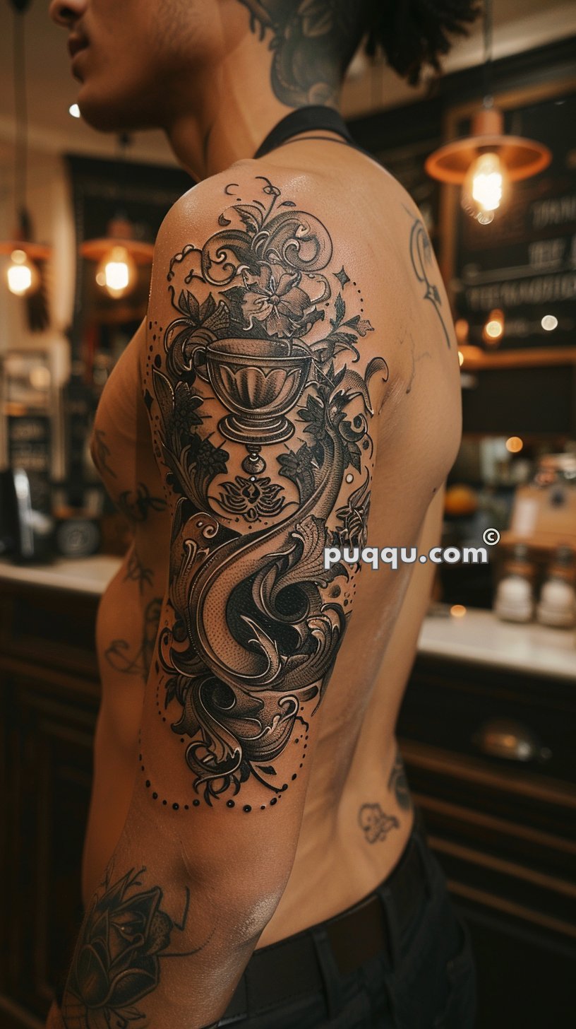 Person with a detailed black ink tattoo on their upper arm and shoulder, featuring intricate floral and ornamental designs.