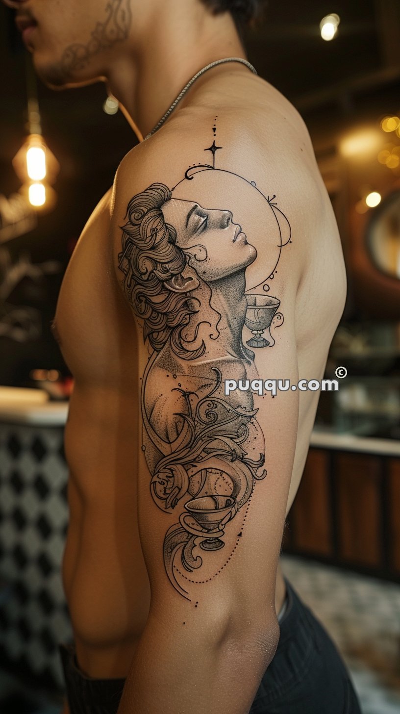 Close-up of a man's arm showcasing a detailed tattoo of a woman's profile with ornate designs and a chalice.