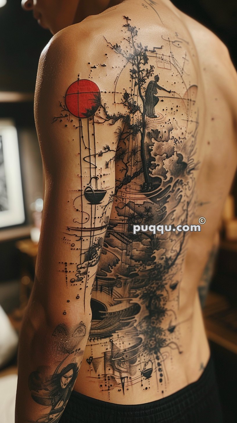 A detailed back tattoo featuring a Japanese-inspired design with a red sun, a vertical tree, and a figure fishing on a boat surrounded by abstract elements and black ink brushes.