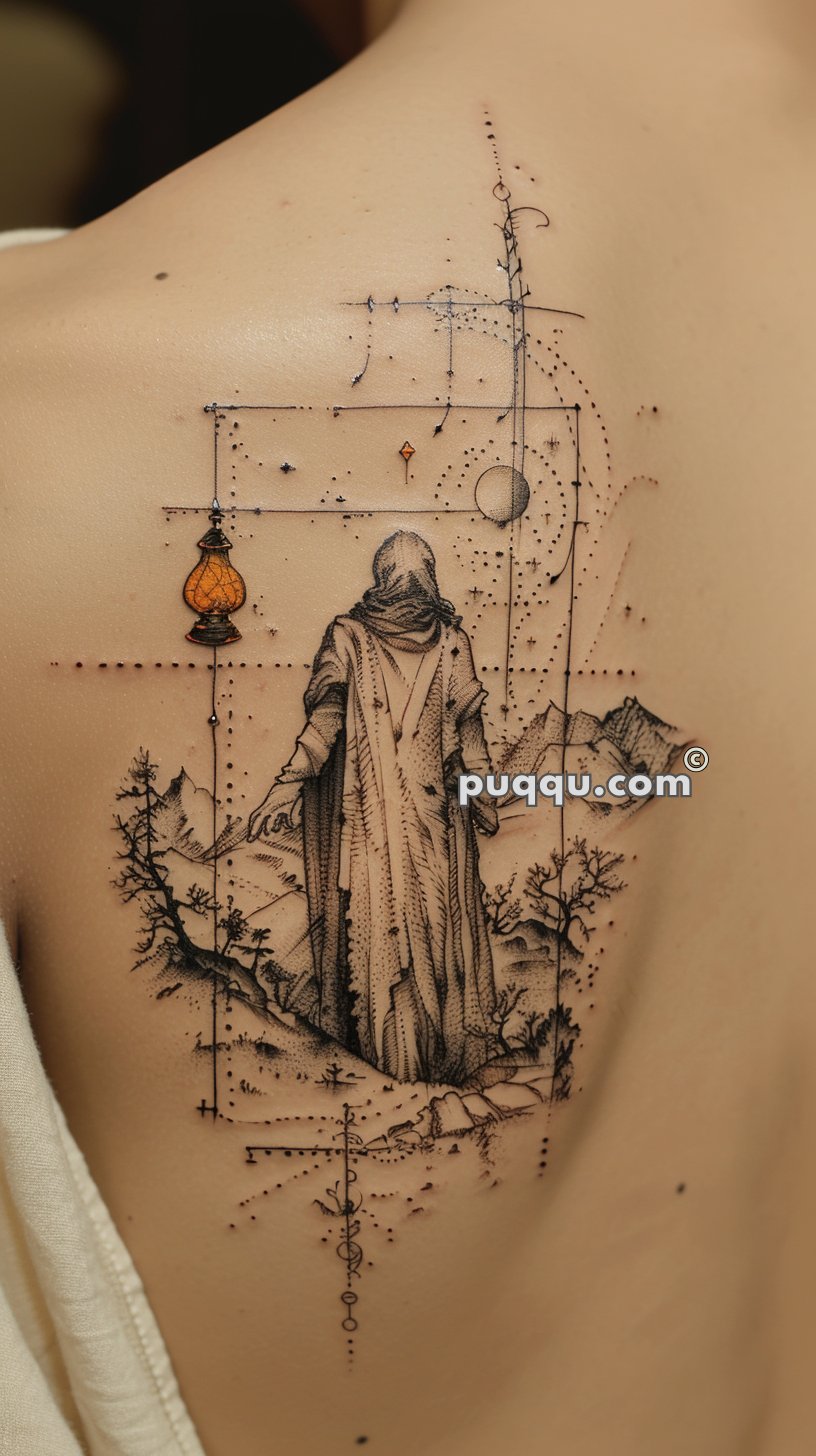 Tattoo of a hooded figure standing in a landscape with mountains and trees, featuring geometric lines and dots, a hanging lantern, and celestial elements.