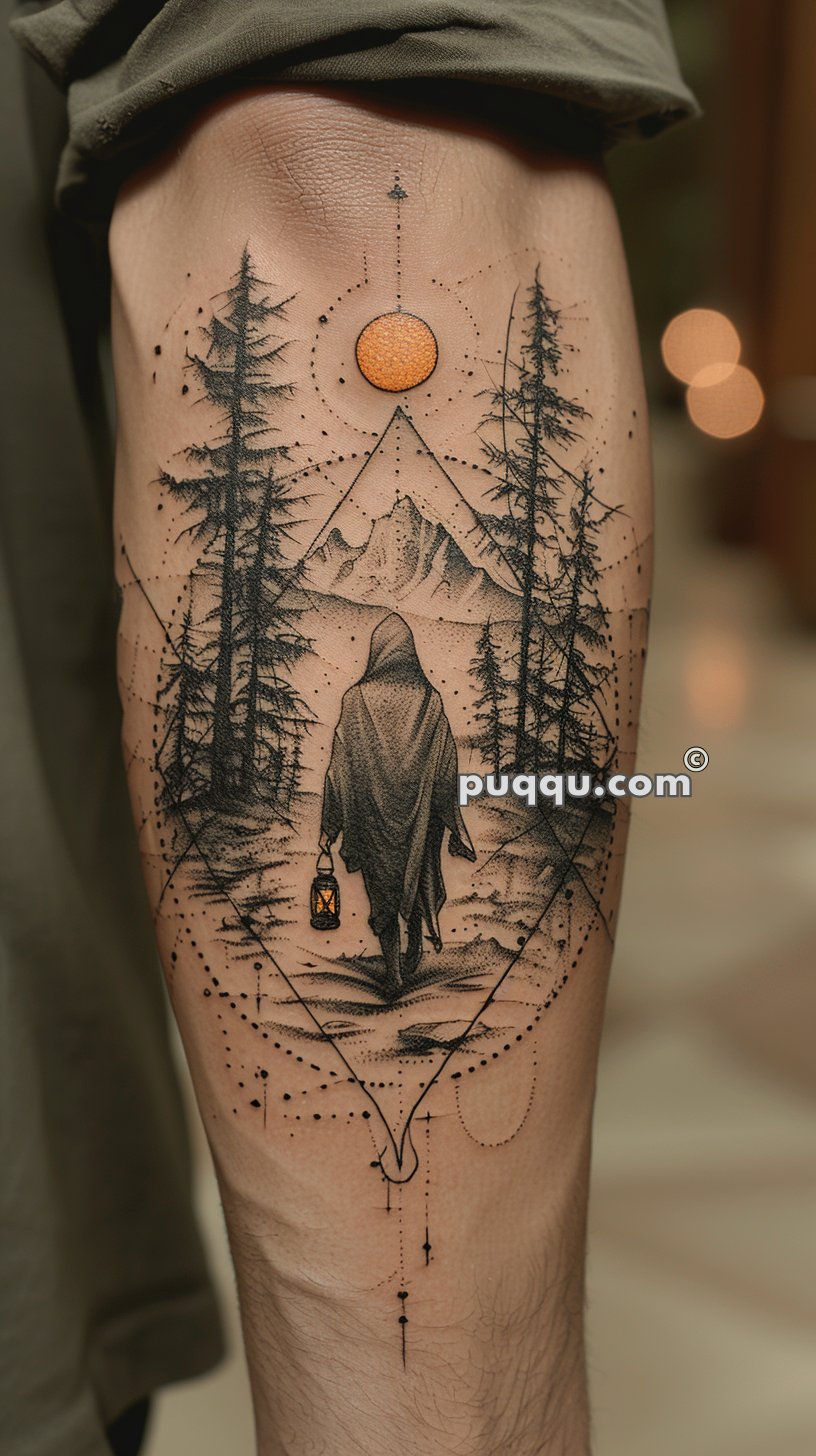 Tattoo featuring a cloaked figure holding a lantern, walking through a forest with mountains in the background, and an orange sun above.