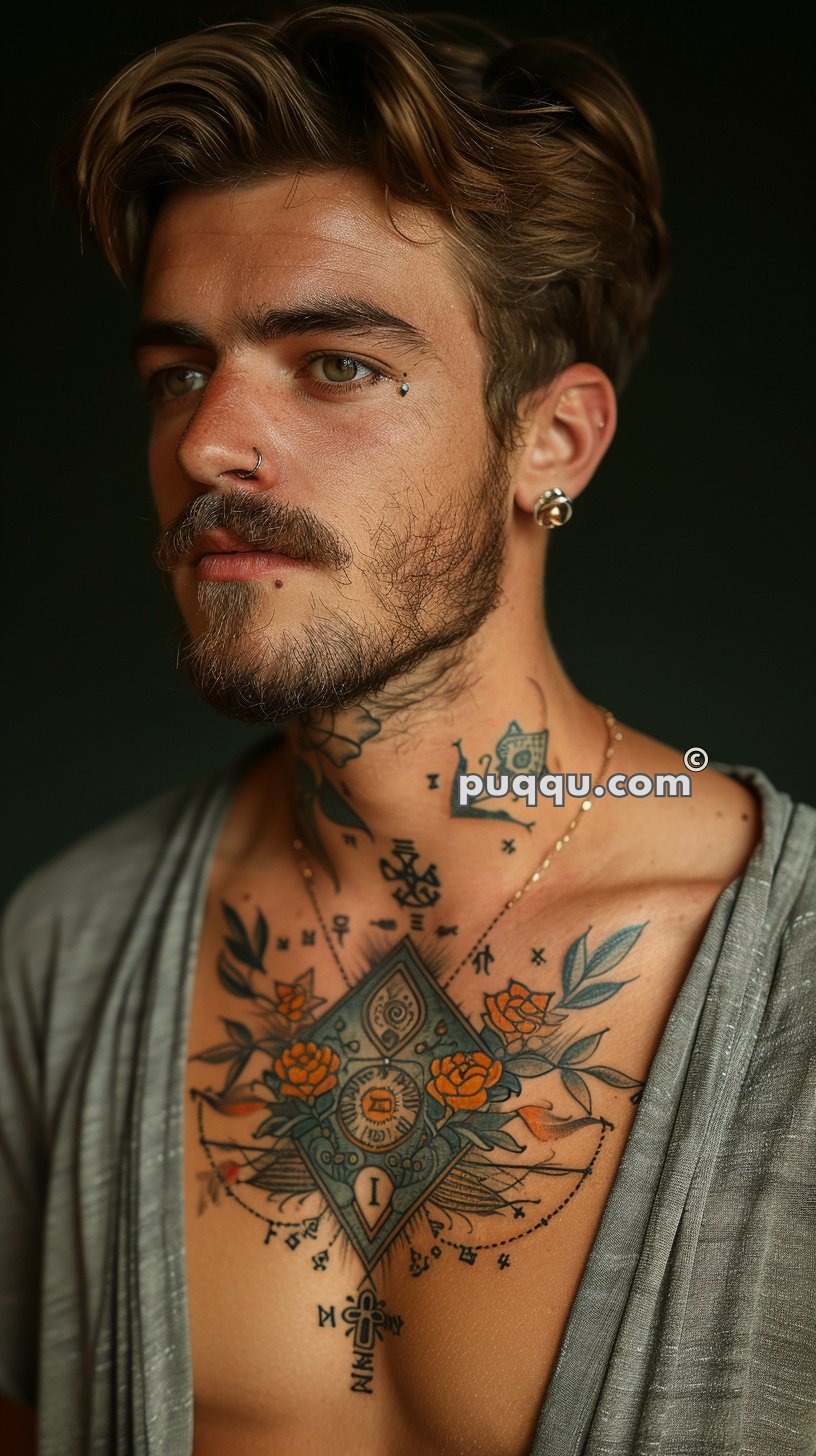 Man with tattoos on his neck and chest, wearing a nose ring, earrings, and a partially open shirt.