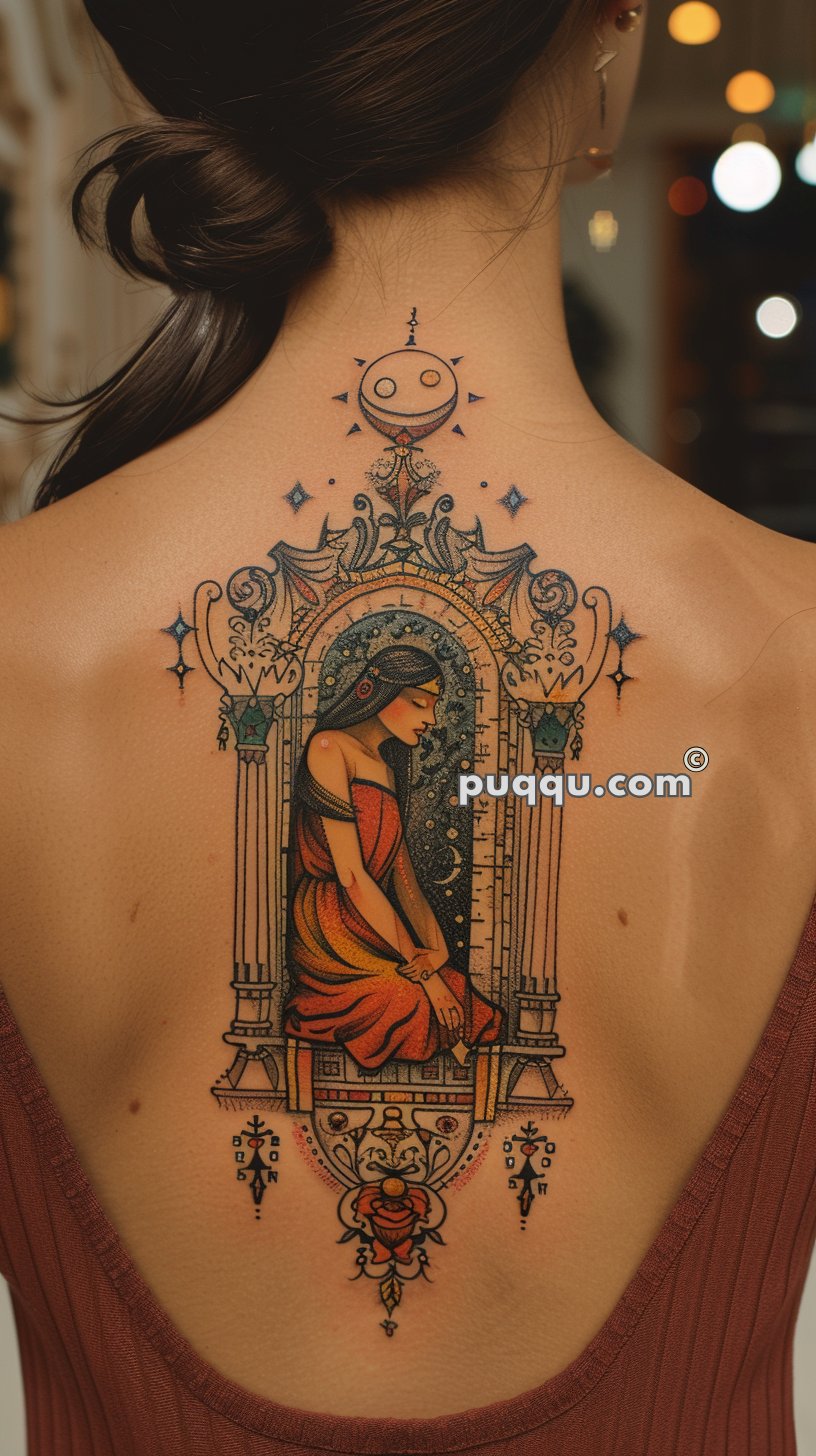 A detailed back tattoo of a woman in a red and orange dress, framed by an ornate, Gothic arch design, with celestial and floral elements surrounding it.