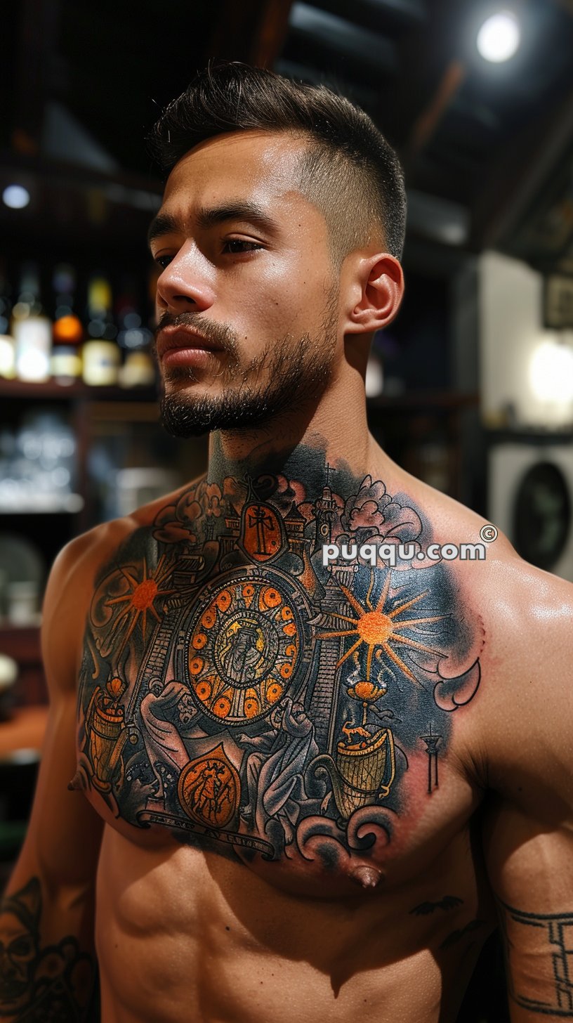 A shirtless man with a large, intricate chest tattoo featuring a clock, sun, and various ornamental designs.