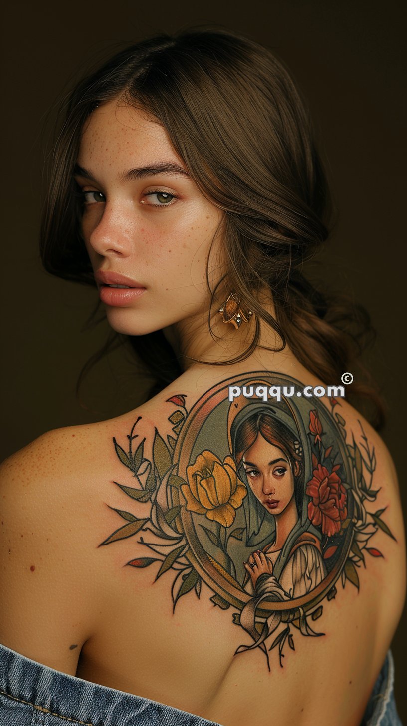 Woman with wavy brown hair showing her back tattoo of a detailed portrait with floral elements.