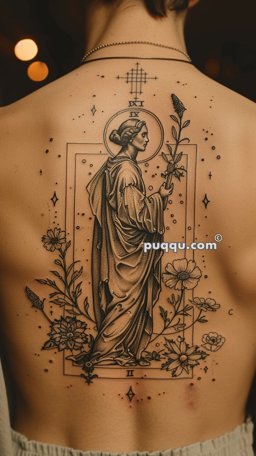 Detailed back tattoo featuring a person in a robe holding a flower, surrounded by floral designs, geometric shapes, dots, and Roman numerals.