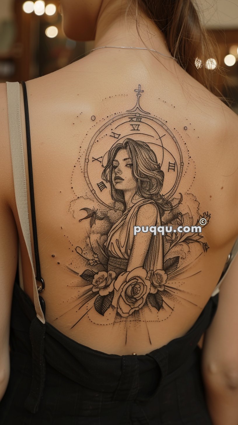 Tattoo of a woman with flowing hair inside a Roman numeral clock design, surrounded by clouds and flowers, on a person's back.