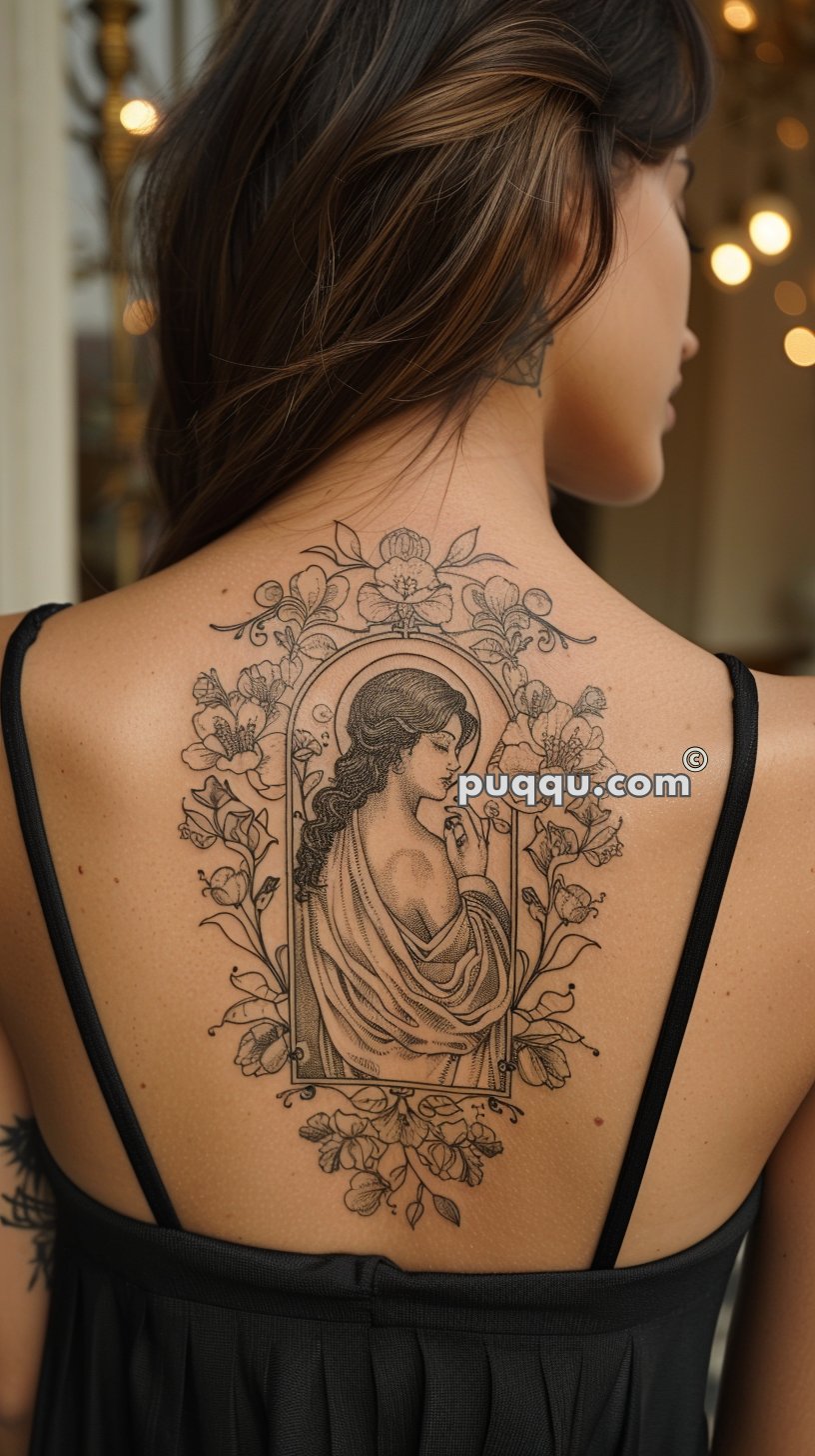 A woman with long hair showing an intricate back tattoo featuring a classical female figure surrounded by floral designs.