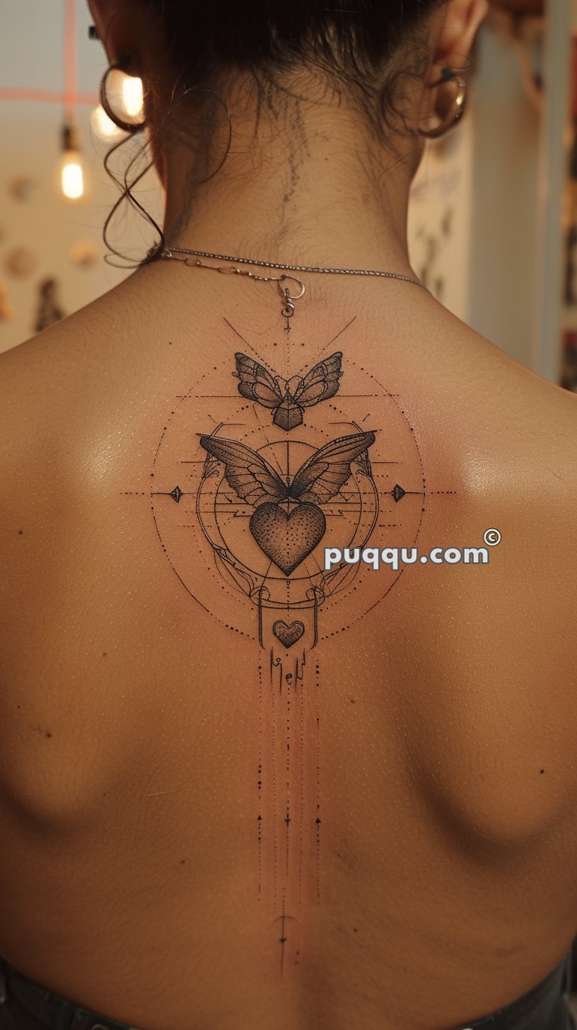 Back tattoo featuring a geometric design with a heart and wings, topped by a butterfly, and surrounded by intricate lines and dots.