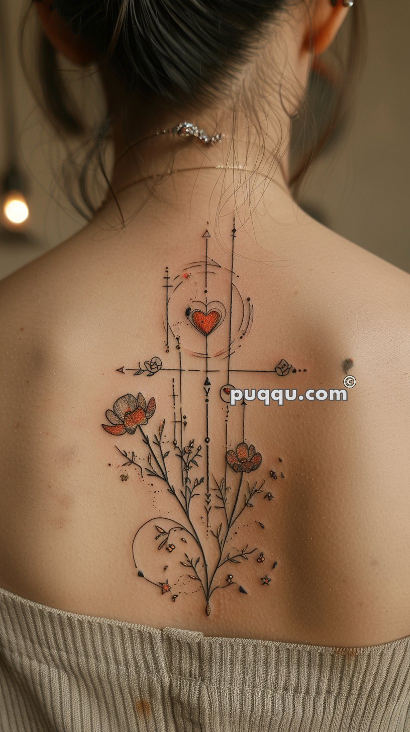 Detailed geometric tattoo with a heart, flowers, and intricate linework on a person's upper back.