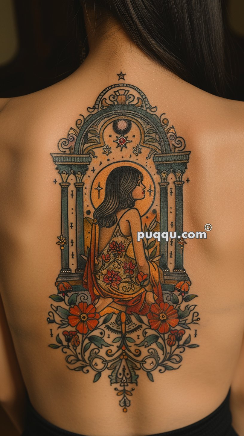 Ornate back tattoo of a woman with long dark hair in a floral dress, seated against an intricate archway adorned with stars and flowers.