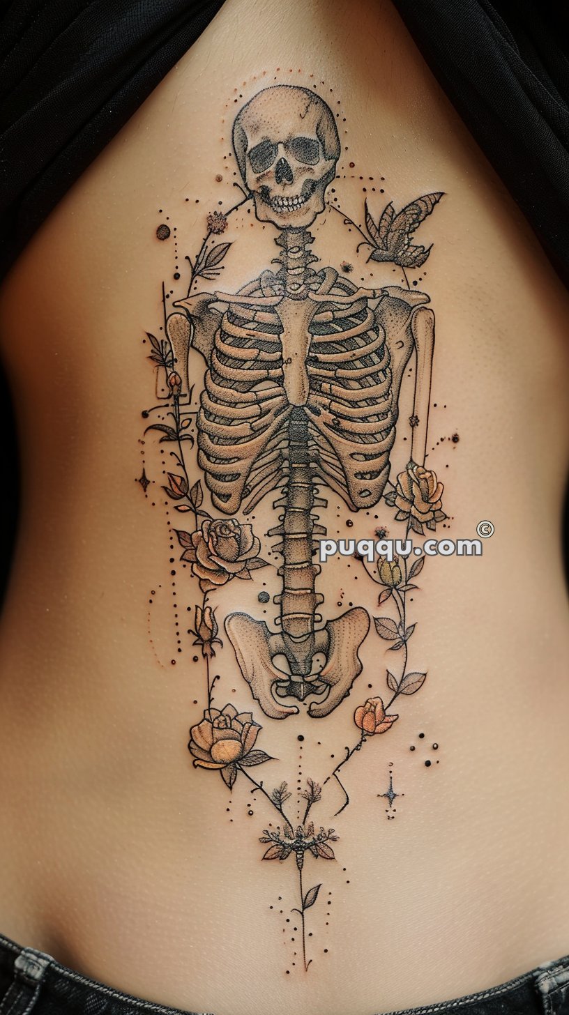 Tattoo of a human skeleton with floral and botanical elements, located on a person's back.