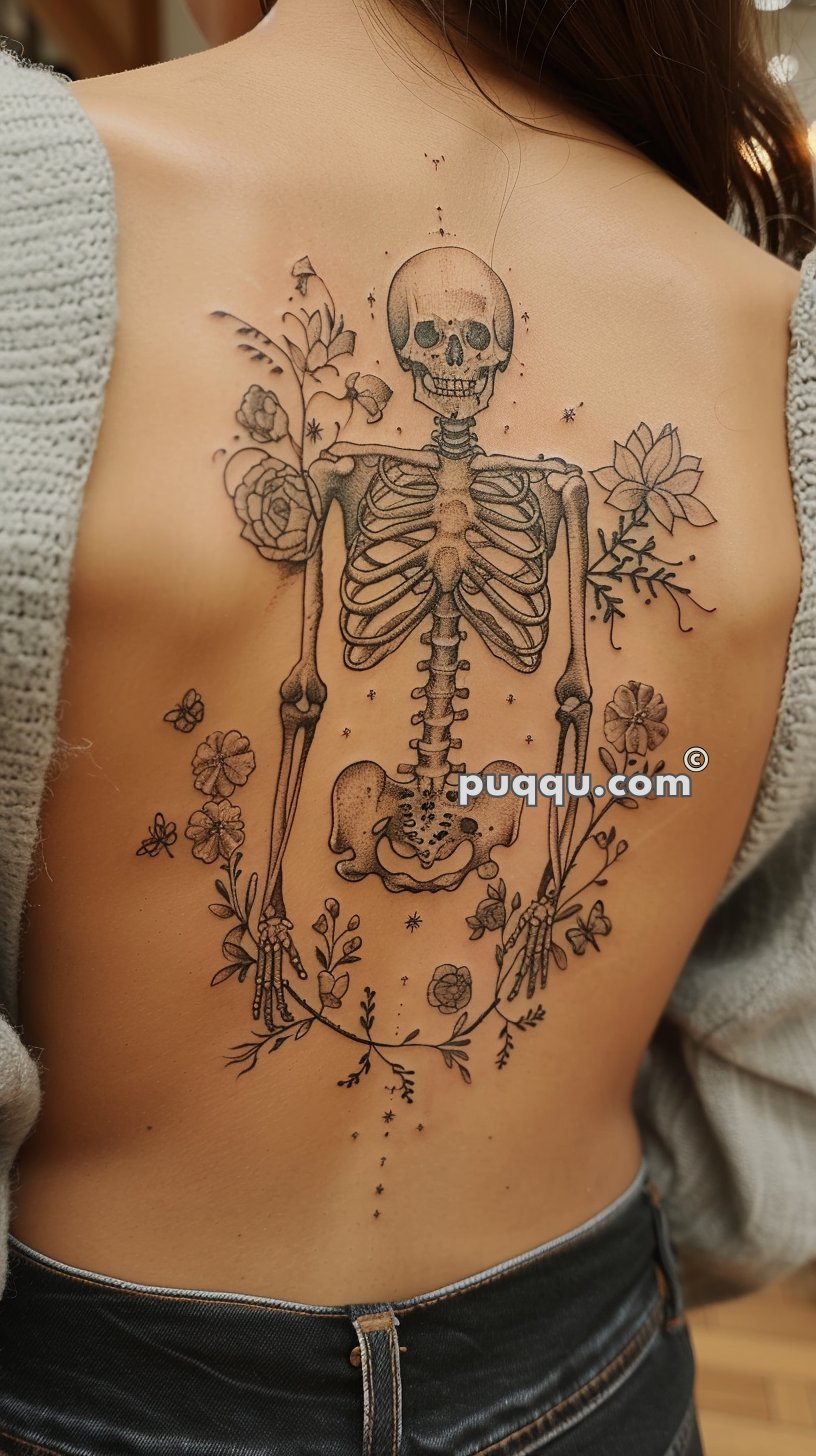 A detailed tattoo of a skeleton with flowers and leaves on a person's back.