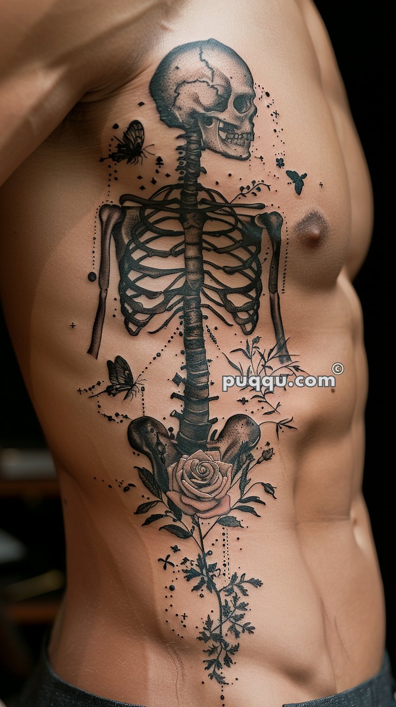 Tattoo of a detailed human skeleton on a person's side, featuring butterflies and a rose.