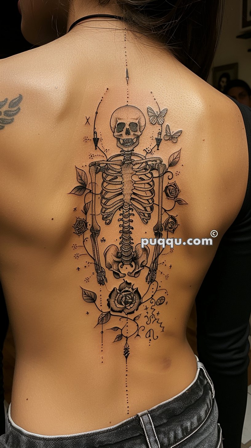 Back tattoo of a skeleton with detailed spine and ribcage, along with roses, leaves, butterflies, and dotted lines on a person's back.