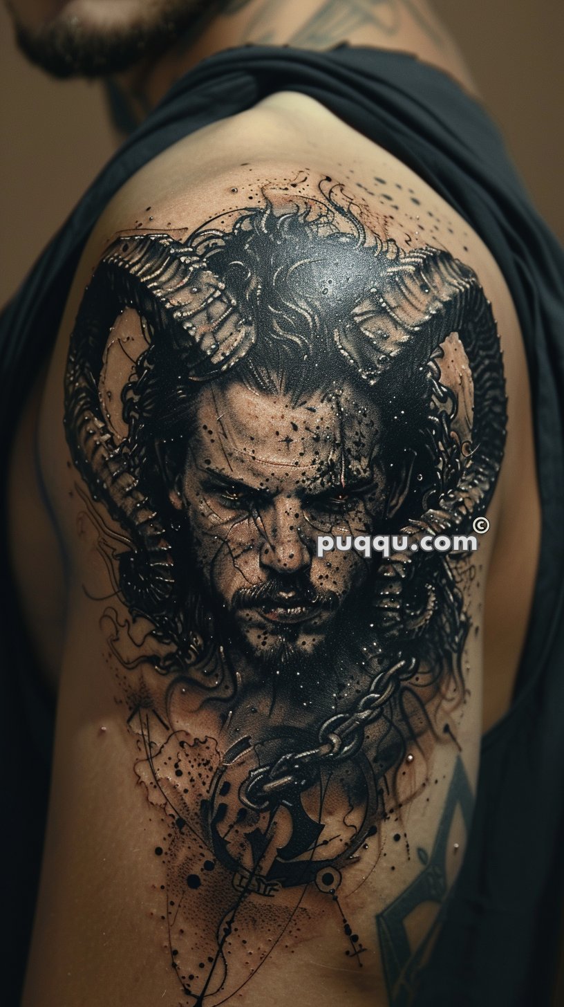 Detailed, black and grey tattoo on an upper shoulder, depicting a bearded man with disheveled hair, horns, and chains.