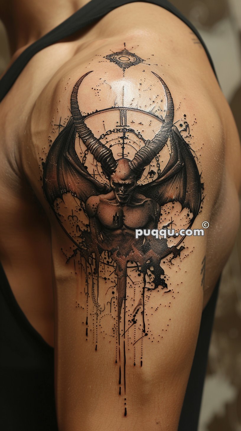 Tattoo of a demonic figure with large horns and wings on a person’s shoulder, surrounded by abstract and geometric elements with ink splatters and drips.