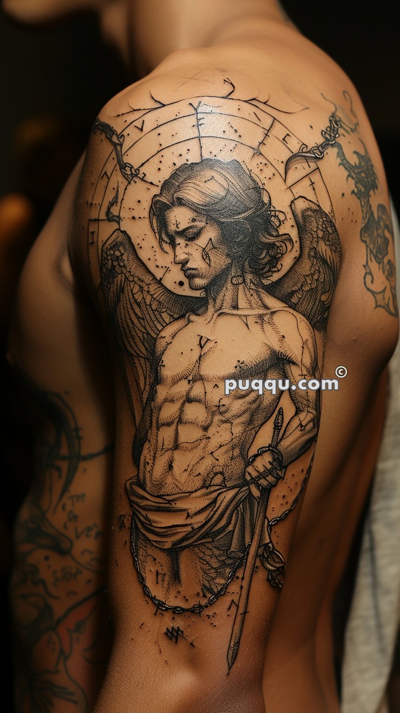 Tattoo of a muscular angel with wings and a sword, featuring intricate details and celestial symbols, covering a person's upper arm and shoulder.