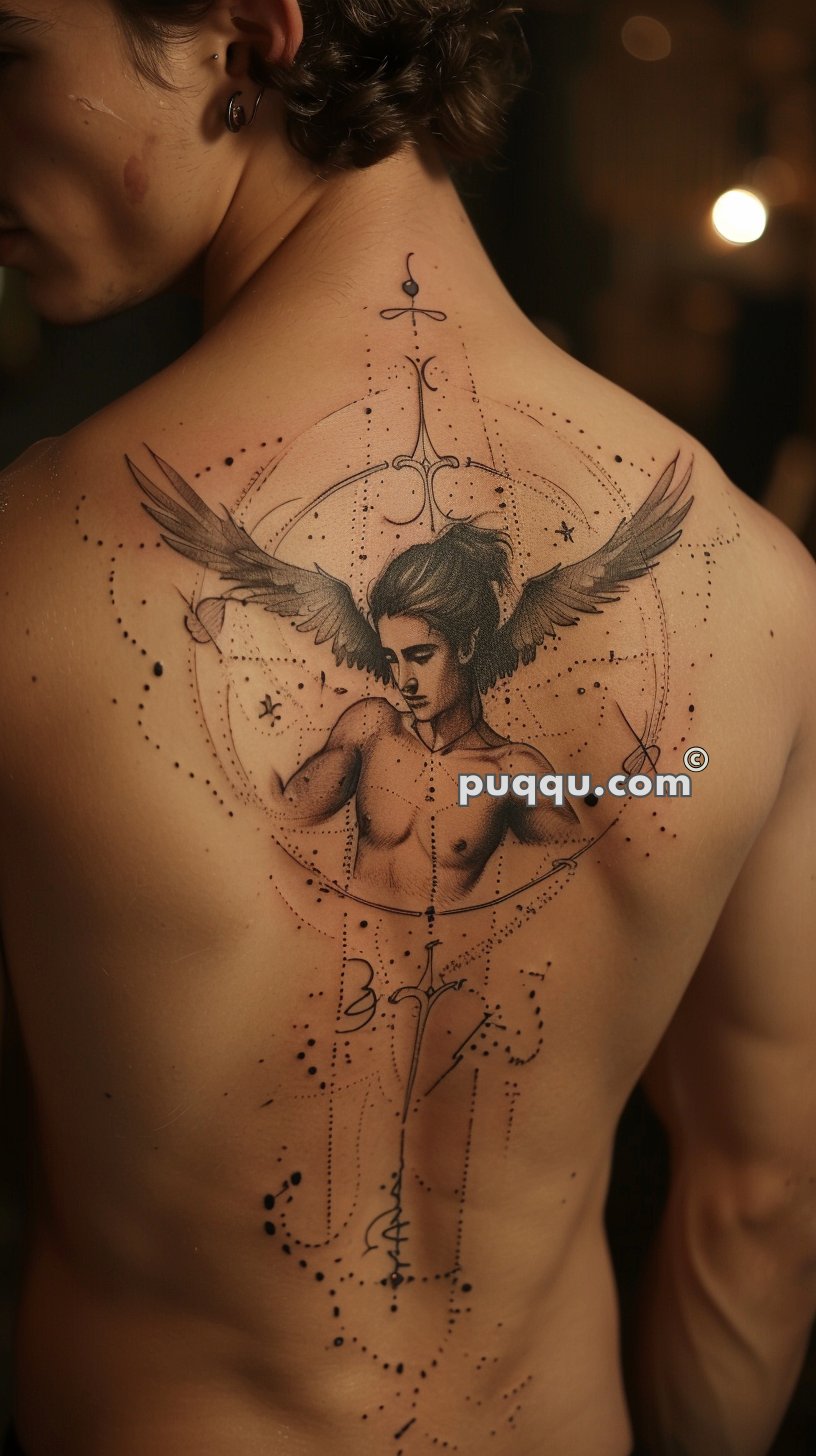 Tattoo of an angel with wings and abstract dot work design on a person's upper back.