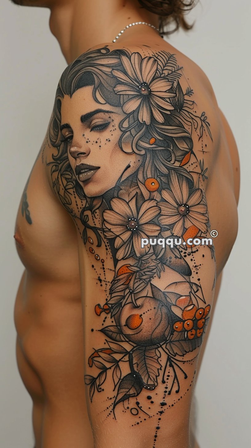 Detailed tattoo of a woman's face adorned with flowers and foliage, covering a person's shoulder and upper arm.