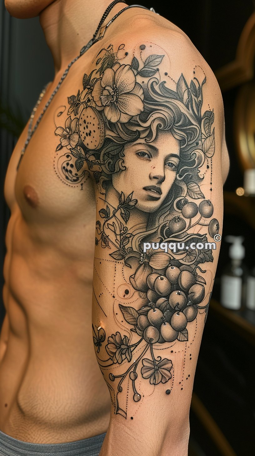 Detailed black and grey tattoo on an upper arm depicting a woman's face intertwined with flowers, leaves, and grapes.