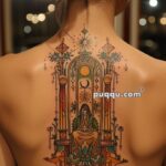 A detailed back tattoo featuring a stylized, ornate design with a seated figure inside an arched frame, surrounded by intricate patterns, celestial elements, and vibrant colors.