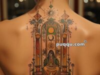 A detailed back tattoo featuring a stylized, ornate design with a seated figure inside an arched frame, surrounded by intricate patterns, celestial elements, and vibrant colors.