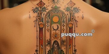 A detailed back tattoo featuring a stylized, ornate design with a seated figure inside an arched frame, surrounded by intricate patterns, celestial elements, and vibrant colors.