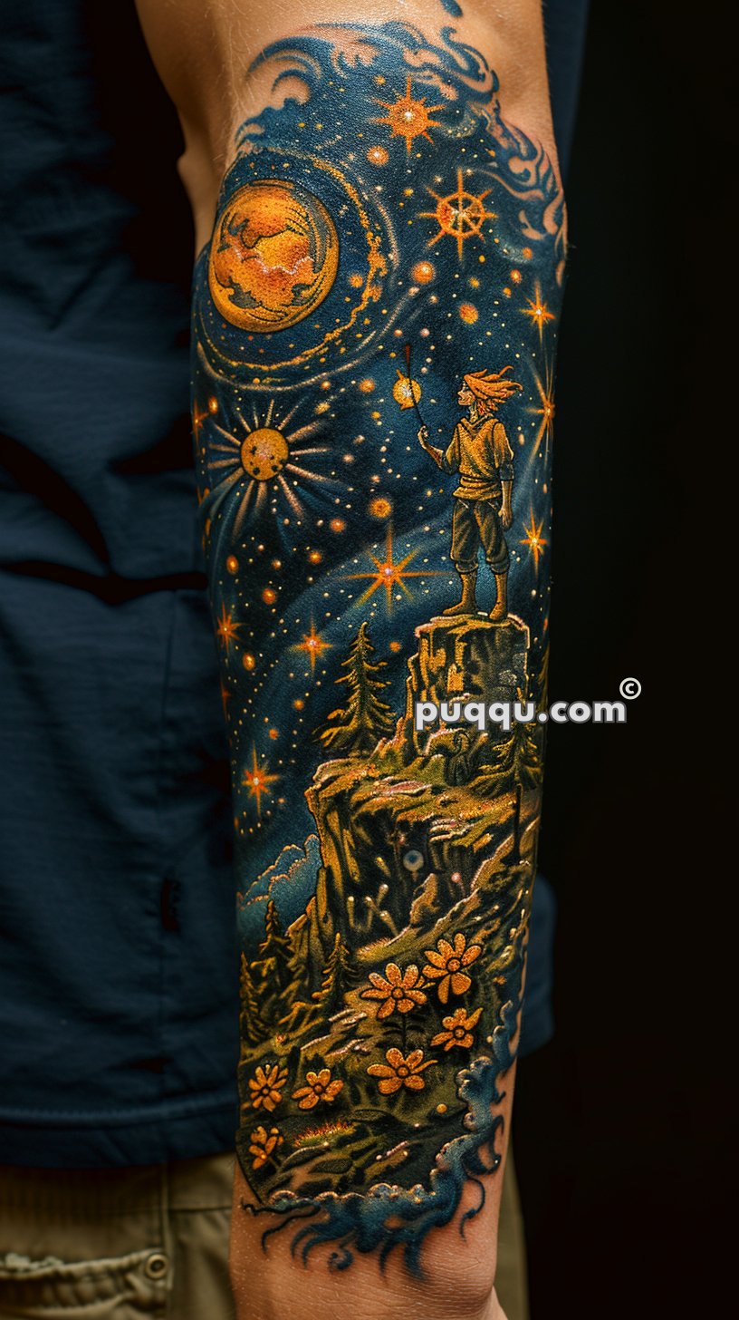 Vivid tattoo depicting a cosmic scene where a person stands on a rocky cliff holding a lantern, surrounded by stars, planets, trees, and flowers.