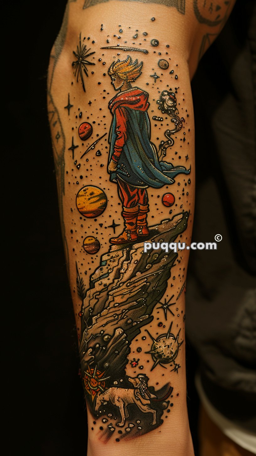 Tattoo of a blonde character in a blue and red outfit standing on a rocky cliff, surrounded by space elements like planets and stars, with a figure riding a wolf below.