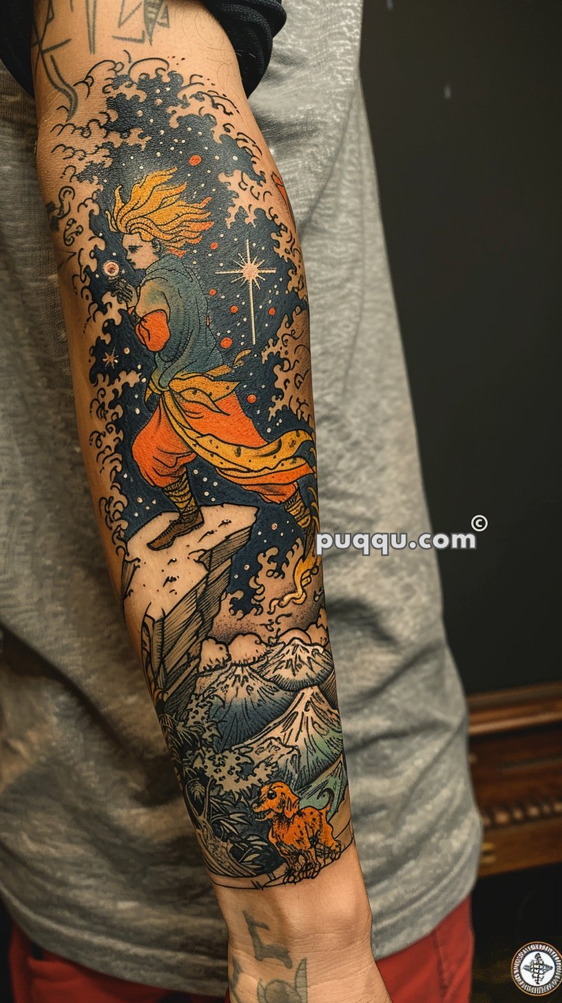 Colorful sleeve tattoo featuring an anime-style character with spiky hair holding a glowing sphere, surrounded by swirling waves and cosmic elements, with a mountain landscape and a dog at the bottom.