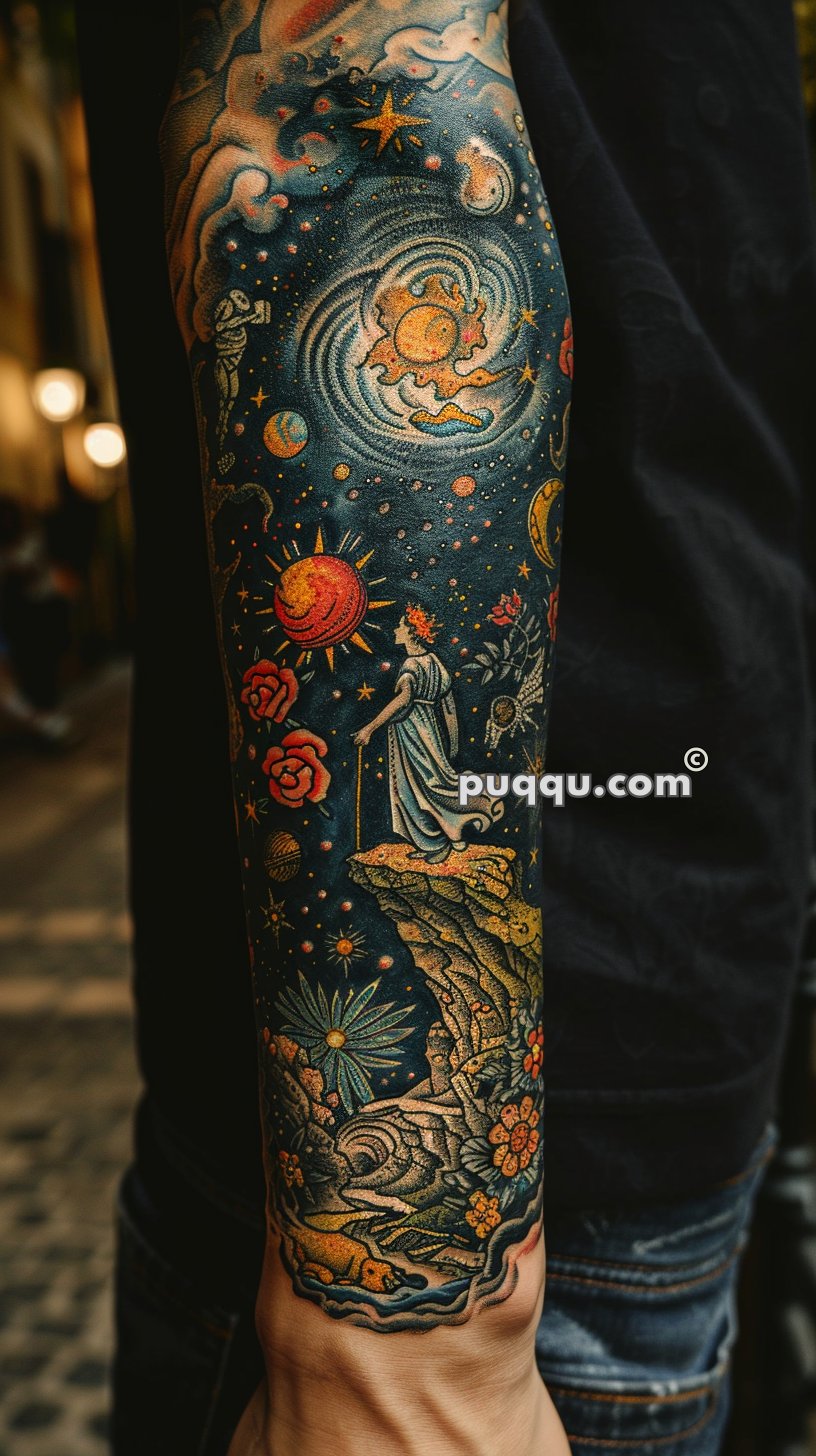 Forearm tattoo depicting a celestial theme with a figure in robes standing on a cliff, surrounded by stars, planets, flowers, and a cosmic swirl.