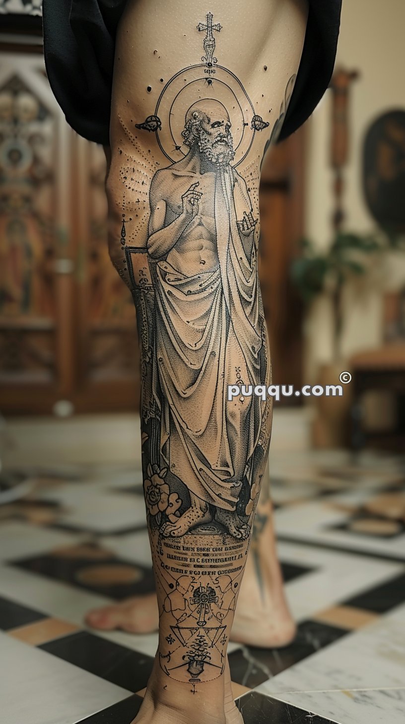 Tattoo of a religious figure with a halo and intricate designs on the calf.