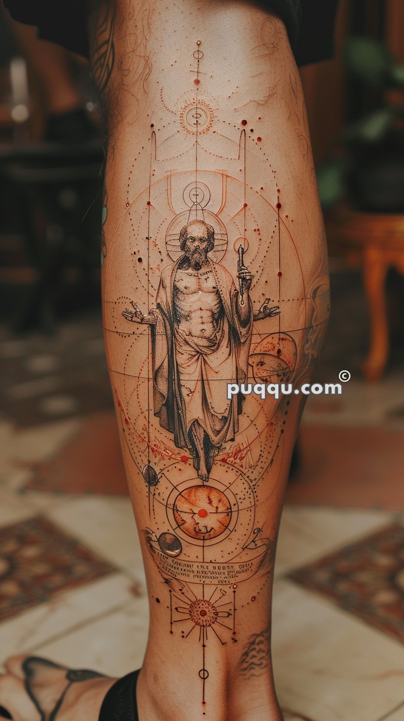 Detailed leg tattoo of a religious figure surrounded by geometric and celestial elements, including a sun, planets, and intricate linework.