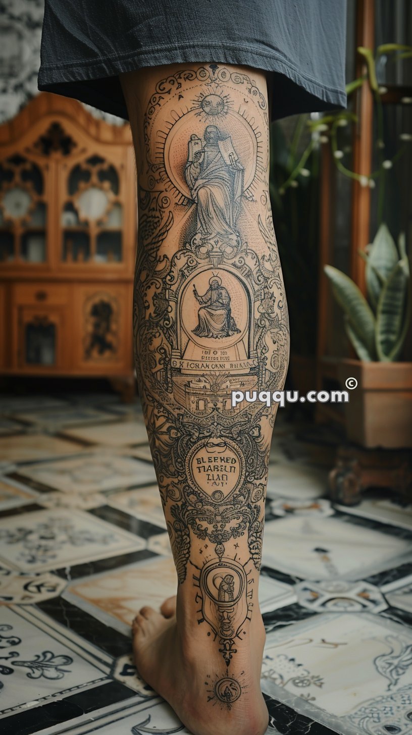 Detailed black ink tattoo featuring religious and ornate designs on a person's lower leg and foot, with intricate patterns and text in multiple frames.