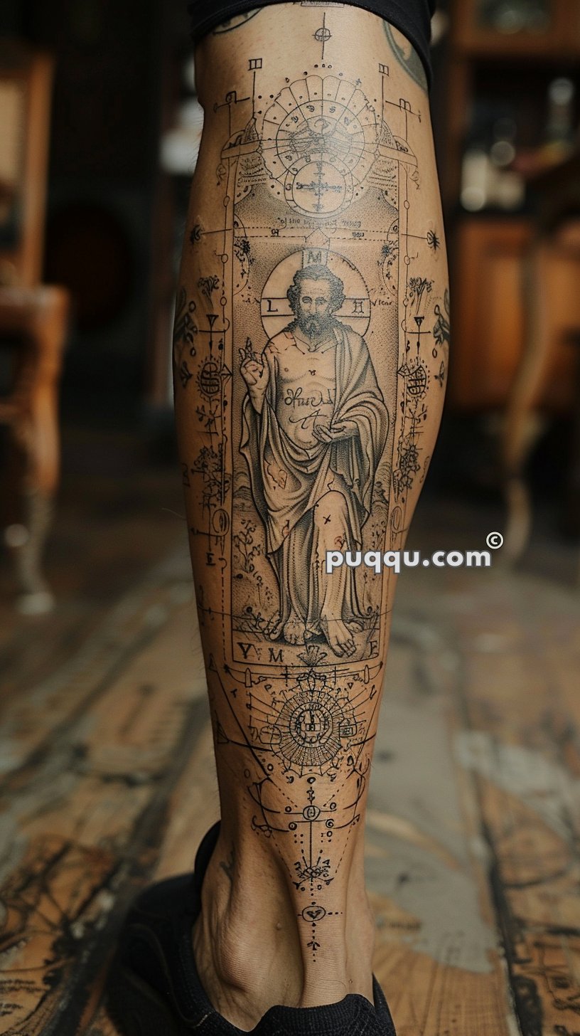 Intricate tattoo with religious and geometric designs covering an entire calf.