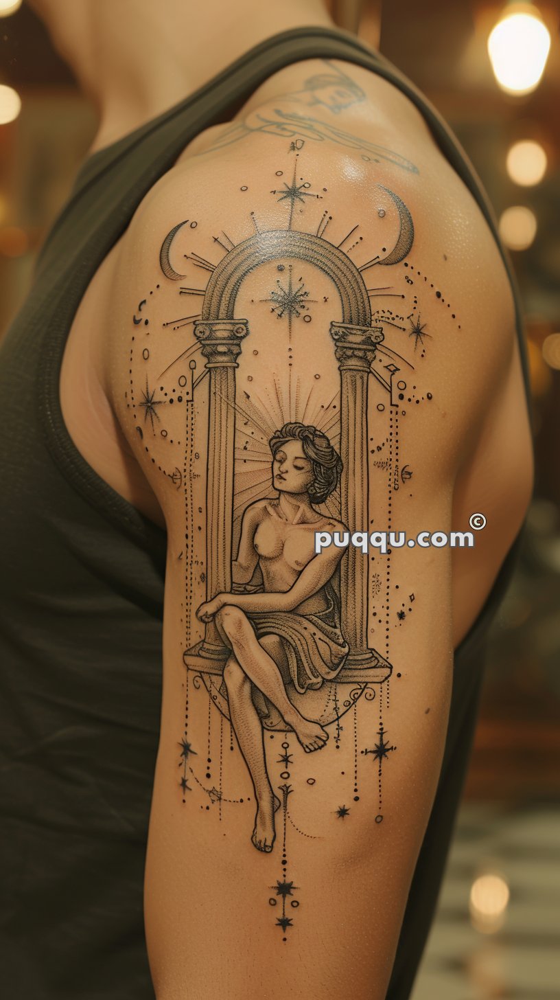 Tattoo of a seated woman surrounded by stars and architectural elements on a person's upper arm.