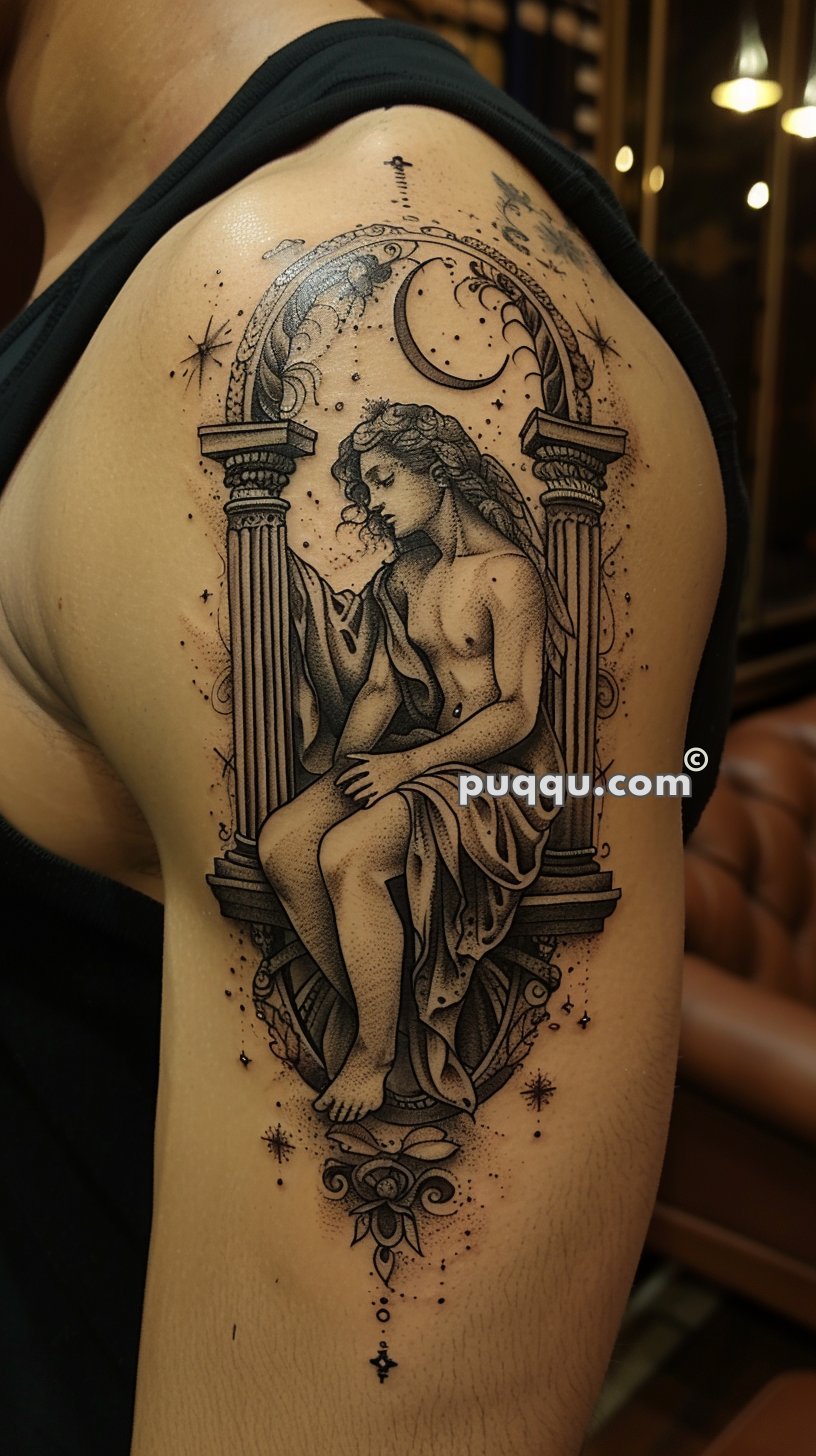 Tattoo depicting a classical figure seated between two columns, with a crescent moon and stars in the background, on an upper arm.