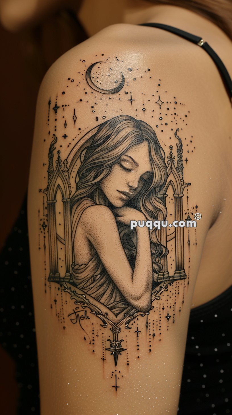 Detailed tattoo on the upper arm featuring a woman with long hair, resting her head on one arm, surrounded by Gothic-style arches, stars, and a crescent moon.